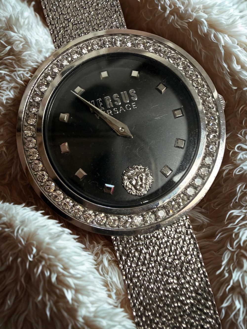 Versus Versace Silver Crystal Mesh Watch with Black Dial